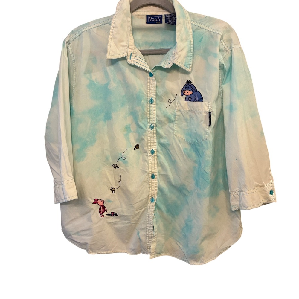Disney Pooh Button Down Shirt Sz XL Blue Tie Dye Eeyore Piglet 3/4 Sleeve